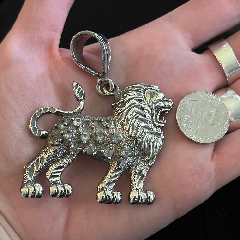 Vintage Solid 925 Sterling Silver Lion Pendant XL Leo Zodiac Regal Royal King